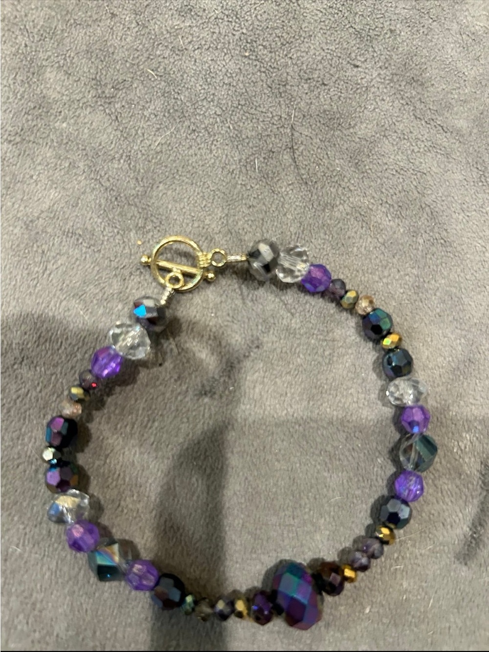 Handcrafted Purple Crystal Beaded Bracelet with Gold Toggle Super Cute